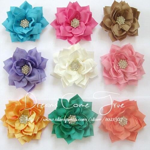 50pcs/lot)3" 10 Colors Lovely Artificial Flowers With Bling Rhinestone Button For Headband Fabric Lotus Leaf Flower For Kids