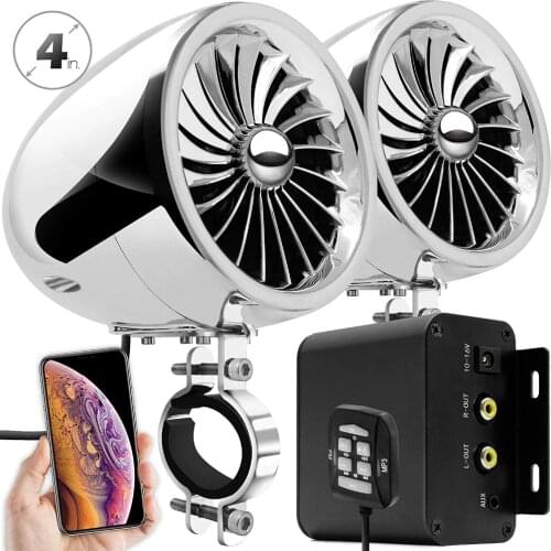 Aileap M150S Motorcycle Audio Set with Stereo 2ch Amplifier, 4 Inches Waterproof Speakers, Bluetooth, FM Radio, AUX MP3 (Chrome)