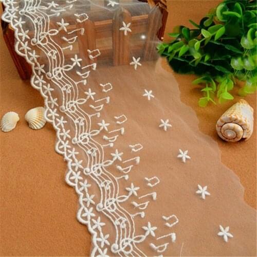 Free Shipping White Lace Fabric Music Notes Hard Gauze Embroidered Lace Trim Width 13cm 5Yds/lot