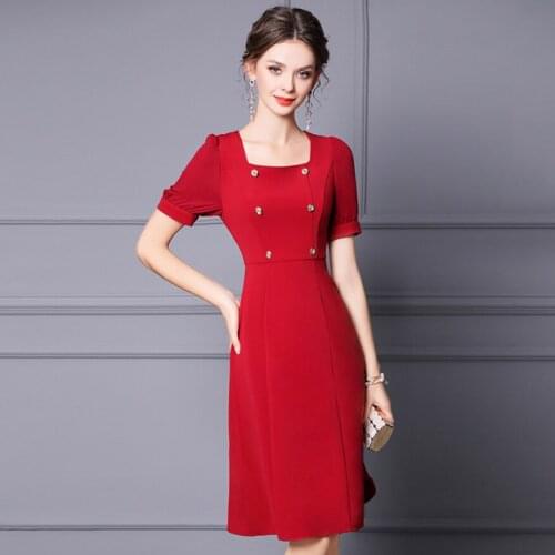 Claret Black Color Square Collar Medium Woman Dress Waist Summer Knee-Length Skirt Puff Short Sleeves Lady Dresses With Buttons