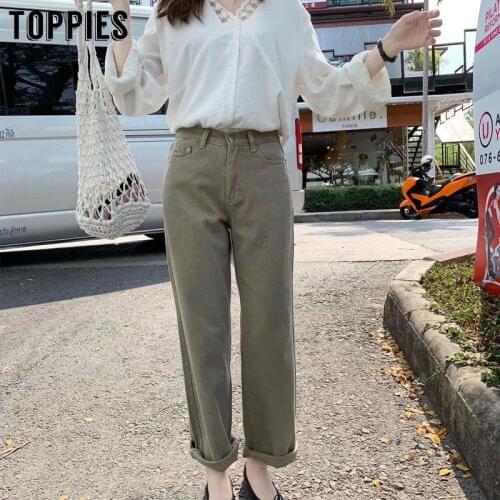 Khaki Denim Pants Women Torusers 2020 Spring Vintage High Waist Leisure Straight Pants pantalones mujer