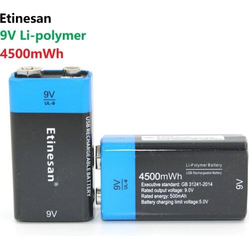 Etinesan 2pcs Powerful USB Battery 6F22 9V Li-ion Lithium 500mAh Chemistry Rechargeable Battery For Electronic Instruments