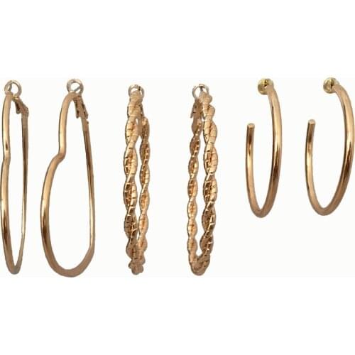 Classic Gold Color Plating Round Heart Shape Hoop Thread Wrapping Triple Earrings Set For Women Girl Party School Decoration