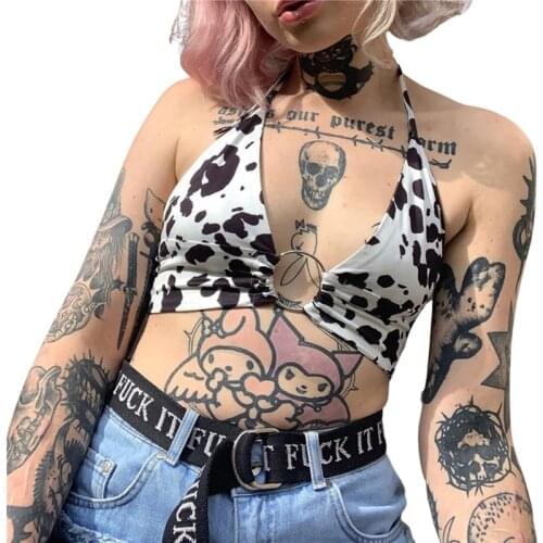 2021 Fashion Trend Women Summer Crop Tops Milk Cow Print V-Neck Sleeveless Sling Vest Stylish Tanks with Metal Ring for Girls