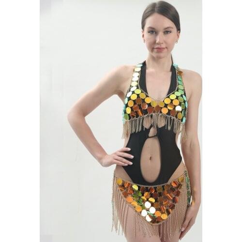 Boho Sequin Fashion Bra Gold Tassel Bikini Set Sexy Summer Body Skirt Jewelry for Women and Girls
