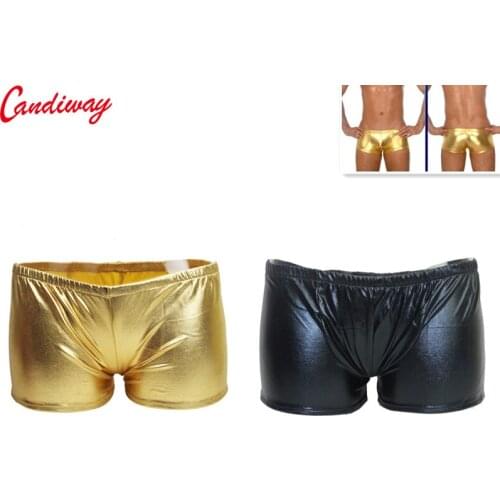 Mens Sexy Bronzing Faux Leather Briefs Shorts Underpants Erotic Mini Micro Patent Leather Bulging Pouch Underwear Slips