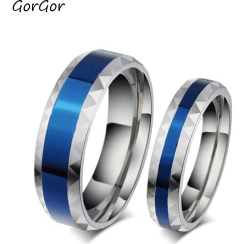 GorGor New Arrivals Fashion Titanium Steel RomanticTrendy Blue Round Rings Set for Couple Wedding Bands Jewelry Gift CR-015