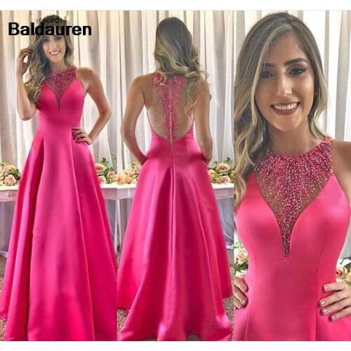 New Arrival Fuchsia Evening Dress A Line Beaded Satin Long Holiday Wear Pageant Prom Party Gown Custom Made Plus Size