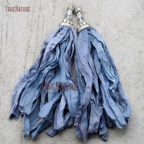 Wholesale Fashion Boho Cerulean Sari Silk Tassel Pendant Oxidized Antique Silver Chic Ornament Crystal Beads In 6.8 inch PM8970