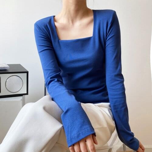 Autumn Womens T-shirt Temperament Square Neck Long Sleeve Pure Color Korean Fashion Femme T-shirt Qn