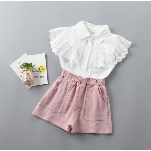 2-7 years High quality girl clothing sets 2019 new summer fashion lace solid kid children girl clothing shirt+pant 2pcs