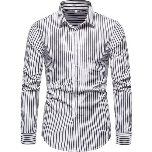 Casual Men Shirt Spring Summer Cotton Long Sleeve men shirt Striped Slim Fit Stand Collar Shirts Camisa