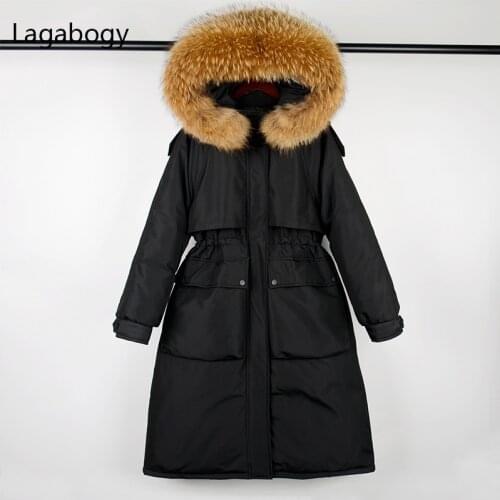 Lagabogy 2021 Large Real Raccoon Fur Long Down Parka Women Winter 90% White Duck Down Coat Super Thicken Warm Puffer Jacket Snow
