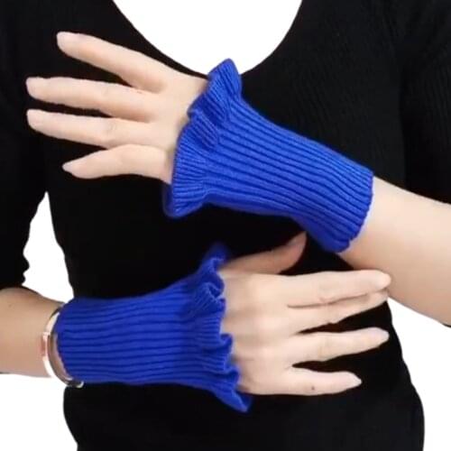 Ribbed Knit Fake Sleeves Cuffs Solid Color Ruffles Decorative Arm Warmers Gloves 449F