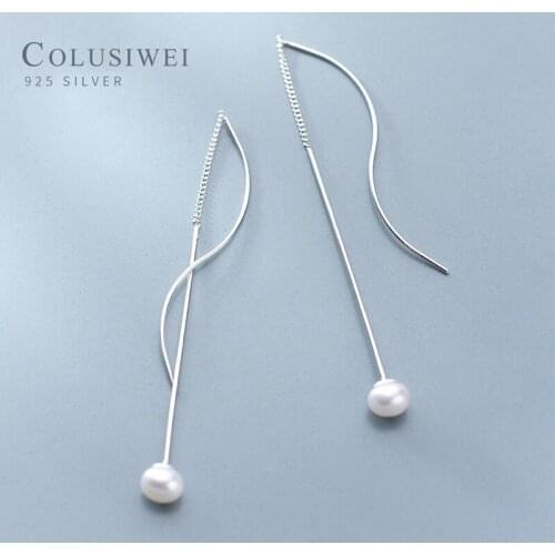 COLUSIWEI Simple Pearl Long Tassel Drop Earrings for Women 925 Sterling Silver Dangle Earrings Wedding Engagement Jewelry Bijoux