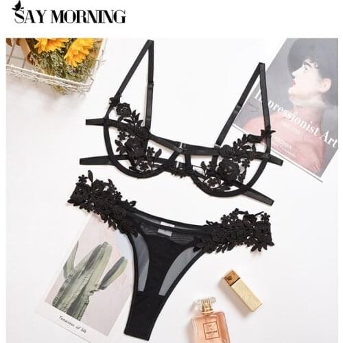 SAY MORNING Womens Sexy Lingerie Set Butterfly Applique Perspective Bra Set Underwire Gather Bra Sexy Thong Black Underwear Set