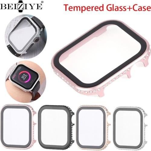 Glass+Case For Apple Watch Case 38mm 40mm 42mm 44mm Diamond Screen Protector Case bumper Accessorie for iwatch Series 3 4 5 6 SE