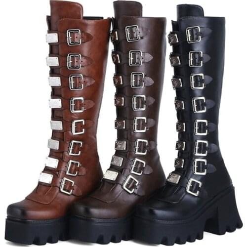 PXELENA Metal Buckle Cosplay Platform Combat Motorcycle Knee High Boots Plus Size 34-43 Chunky Block Heel Gothic Punk Rock Shoes