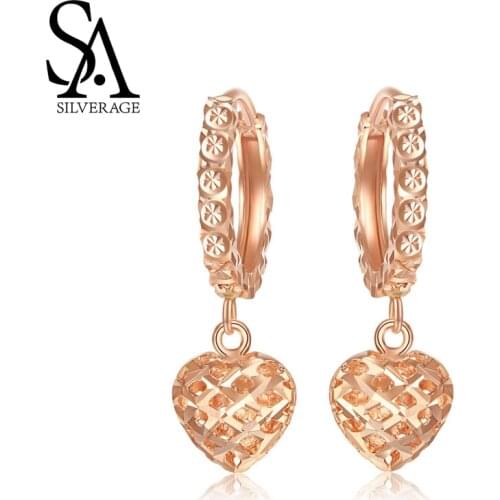 SA SILVERAGE Earrings 18K for Women 2019 18K Yellow Gold and Rose Gold Heart Shape Drop Earrings for Woman Gold Earrings Circle