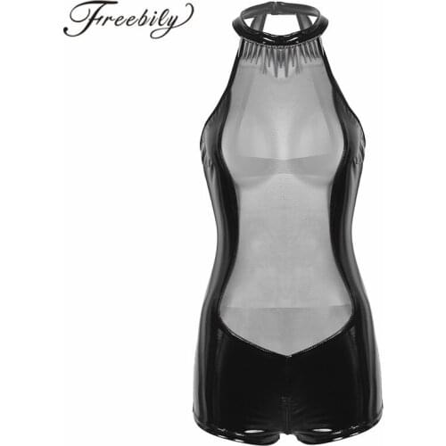 Women One-piece Swimsuit Wetlook Faux Leather Swimwear Mesh Sexy Clubwear Splice Zipper Crotch Bodysuit with Necklace Beachwear
