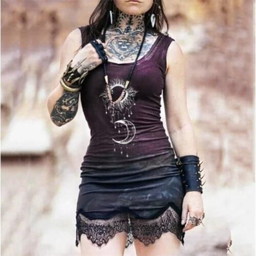 Women Gothic Mini Dress Vestidos Punk Sun Moon Print Sexy Lace Splice Casual Spaghetti Strap Vintage Female Dress Plus Size 5XL