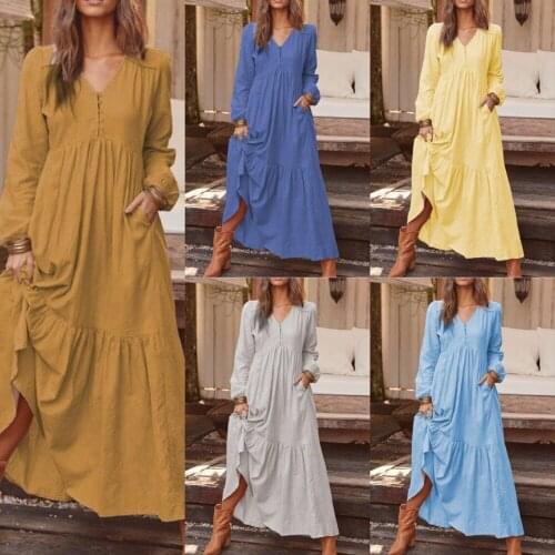 2021 Autumn New Womens Dress Button Cotton Linen Retro Casual Loose Long Sleeve Dress Swing Long dress Casual Solid Color Dress