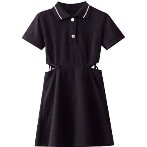Women Summer A-Line Dress Girls High Waisted Black Dresses Female French Boutique Durn-Down Collar Plus Size Hollow Out Clothes