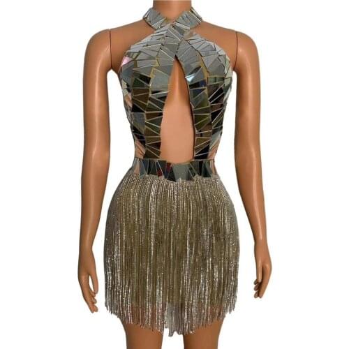 Shining Silver Mirrors Chains Short Dresses for Women Evening Party Prom Sequins Birthday Bodycon Dresses Singer Stage Show Wear