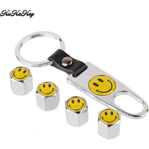 1pcs Car Keychain with 4pcs Smiley Pattern Bicycle Motorcycle Car Tire Wheel Air Stem Valve Caps Car Accessories for Jeep Grand