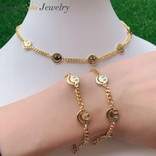 5PCS, Fashion New Women Smile Face Gold Curb Chain Necklace For Girls New Trendy Tennis Link Chain Choker Charm Jewelry 2021