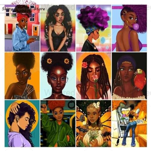 5D DIY Black African Woman Diamond Painting Full SquareRound Diamond Embroidery Cartoon Girl Portrait Wall Decoration Handicraft