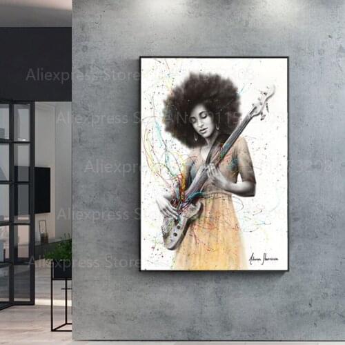 Abstract Art Colorful Girl Play Bass Funk Canvas Painting Oil Painting Modern Wall Art Poster in Living room Home Decor