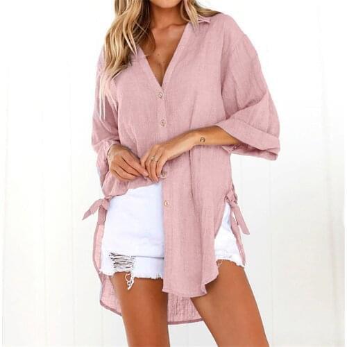 Summer Womens Blouses New Plus Size Cotton Linen Buttons Long Shirt Casual Solid Color Split Bow Tied Tunic Blouse Blusas Mujer