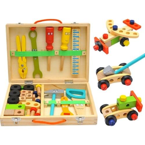Kids Wooden Toolbox Pretend Play Set Educational Montessori Toys Nut Disassembly Screw Assembly Simulation Repair Carpenter Tool