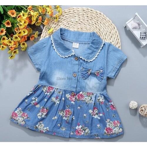 DHL 200pcs Summer Cute Casual Bow Pint Baby Girls Dress Denim Princess Party Dresses for Baby Girls Newborn Baby Dress