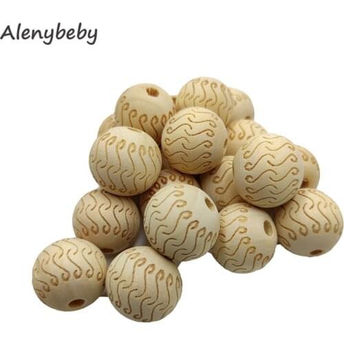 Engraving Printing Wooden Round Beads Teether Loose Natural Wood Ball Jewelry Making Bracelet Necklace DIY Teething Accessories