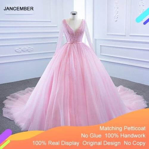 J67172 Cute And Charming Light Pink Transparent Sleeves Evening Dress 2020 Sequined Lace Up Back V-Neck Вечерние платья