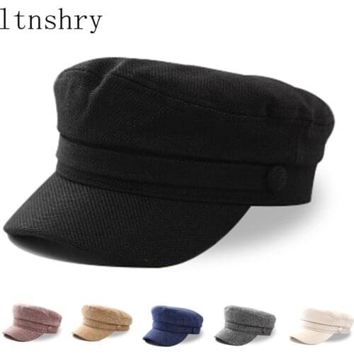 Spring Autumn Womens Hat Flat Cap Military Cap Linen Octagonal Cap Solid Color Flat Top Military Hats Young Student Hat Female