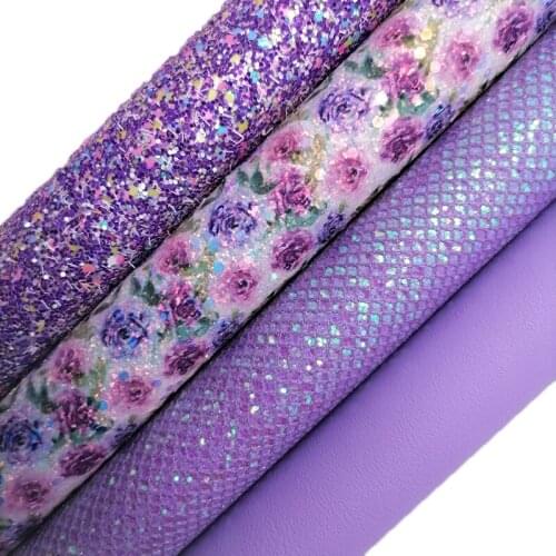 Purple Glitter leather, Rose Flowers Printed Chunky Glitter leather, Nappa Faux Leather Sheets For Bows DIY 21x29CM KM695