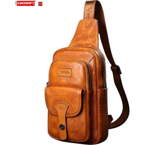 Bag Leather Mens Bag Cowhide Men Chest Bag Casual Retro Messenger Bag Male Fashion Casual Shoulder Bag Small 2021 New Vintage