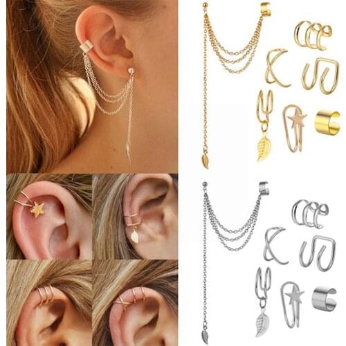 Fashion 7pcs Earrings Personality Metal Ear Clip Leaf Pendientes Cuff Tassel For Women Gift Earrings Cuffs Jewelry In Caugh U8R0