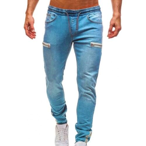 Men Denim Pants Frosted Zipper Drawstring Male Multi Pockets Ankle Tied Jeans for Dating Denim Scratched High Quality Trousers