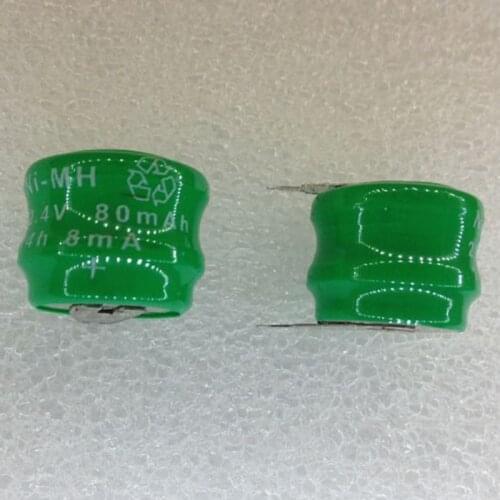 2pcs/lot Original and New 80mAh 2.4V Ni-MH Rechargeable Button Cell Battery Ni MH Batteries With Pins