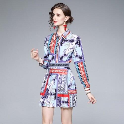 2021 autumn 2 piece sets fashion women long-sleeved turn down collar printed shirt tops + high-waist pleated skirt suit