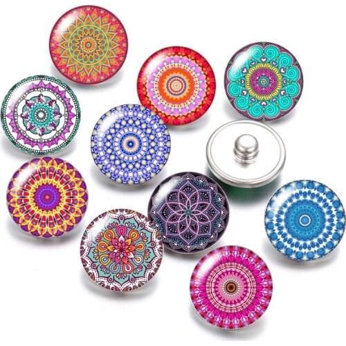 DB0492 Colorful Flowers pattern 18mm snap buttons 10pcs mixed round photo glass cabochon style for snap button jewelry