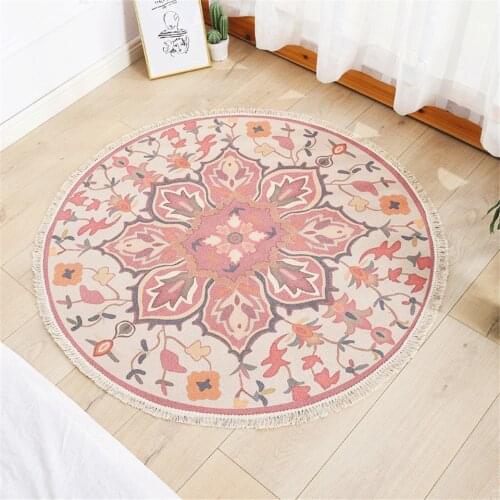 Colorful Flower Bohemian Rug Tassel Cotton And Linen Round Floor Mat Area Rug Bedroom Decoration Place Mat Bedside Rug Chair Mat