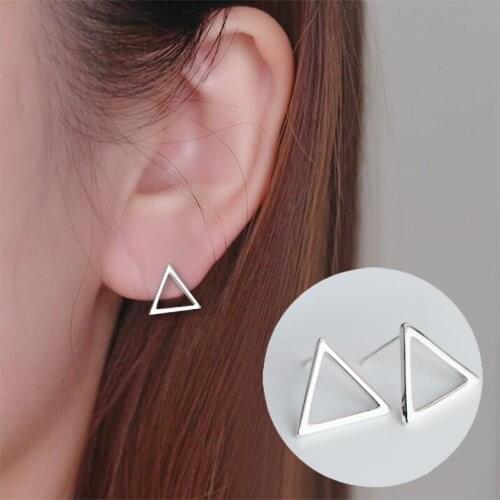 Jisensp Simple Design Silver Plated Earrings Hollow Geometric Triangle Stud Earrings Fashion Jewelry for Women Kids Party Gift