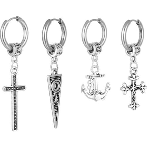 Simple Stainless Steel Cross Drop Earrings Silver Color Tassels Anchor Hoop Earring For Women Men Punk Vintage Party Jewelry