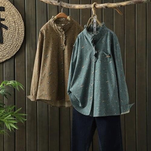 Spring Literary Shirred Collar Women Printed Shirt Blouse Long Sleeve Pocket Casual Little Flower Floral Tops Camisas Mujer 2021