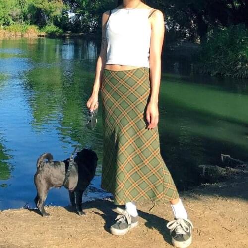 Vintage 90s Plaid High Waist Brown Midi Skirts Indie Aesthetics Printing A-Line Long Skirt Y2K E-Girls Streetwear 2021 Summer